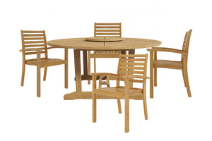 Ambre 5-Piece Round Teak Outdoor Dining Set with Lazy Susan and Stacking Armchairs