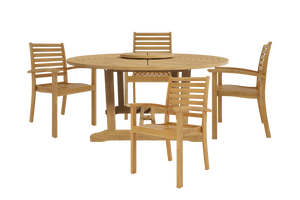 Ambre 5-Piece Round Teak Outdoor Dining Set with Lazy Susan and Stacking Armchairs