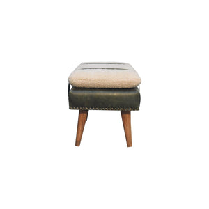 Bouclé Buffalo Hide Olive Green Leather Bench