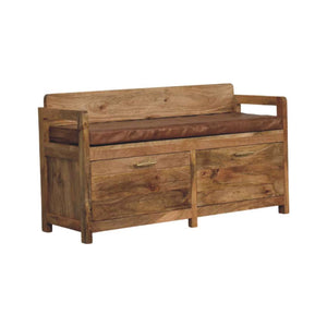 Hardwood Storage Bench with Brown Leather Seat