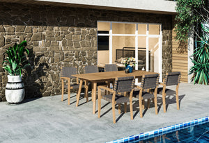 Ambre 5-Piece Round Teak Outdoor Dining Set with Lazy Susan and Stacking Armchairs Outdoor deep seating