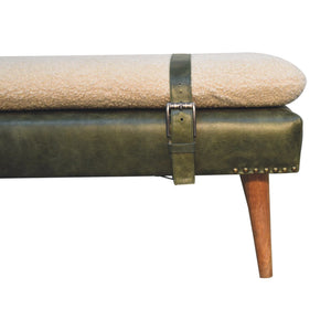 Bouclé Buffalo Hide Olive Green Leather Bench Bench