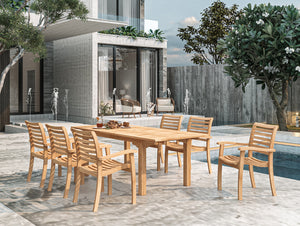 Clarisse 7-Piece Rectangular Teak Outdoor Dining Set with Extendable Table and Stacking Armchairs Outdoor Dining Set