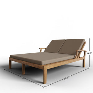 Delaine Double Teak Outdoor Reclining Sun Lounger with Sunbrella Fawn Cushion Dining Bench Set
