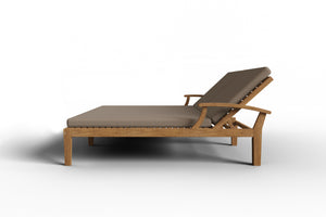Delaine Double Teak Outdoor Reclining Sun Lounger with Sunbrella Fawn Cushion Dining Bench Set