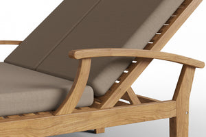 Delaine Double Teak Outdoor Reclining Sun Lounger with Sunbrella Fawn Cushion Dining Bench Set