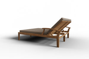 Delaine Double Teak Outdoor Reclining Sun Lounger with Sunbrella Fawn Cushion Dining Bench Set
