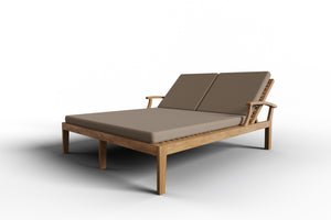 Delaine Double Teak Outdoor Reclining Sun Lounger with Sunbrella Fawn Cushion Dining Bench Set