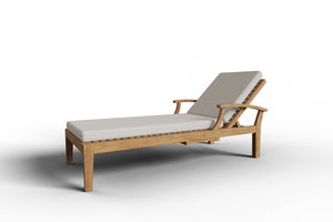 Delaine Teak Outdoor Reclining Sun Lounger with Sunbrella Canvas Cushion and Slide-out Tray Dining Bench Set