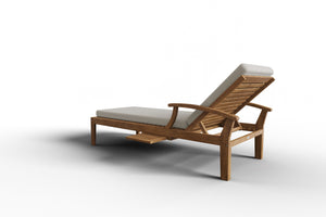 Delaine Teak Outdoor Reclining Sun Lounger with Sunbrella Canvas Cushion and Slide-out Tray Dining Bench Set