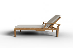 Delaine Teak Outdoor Reclining Sun Lounger with Sunbrella Canvas Cushion and Slide-out Tray Dining Bench Set