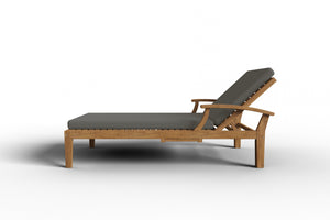 Delaine Teak Outdoor Reclining Sun Lounger with Sunbrella Charcoal Cushion and Slide-out Tray Dining Bench Set