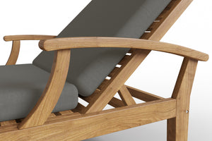 Delaine Teak Outdoor Reclining Sun Lounger with Sunbrella Charcoal Cushion and Slide-out Tray Dining Bench Set