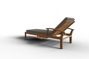 Delaine Teak Outdoor Reclining Sun Lounger with Sunbrella Charcoal Cushion and Slide-out Tray Dining Bench Set