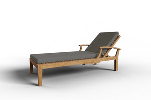 Delaine Teak Outdoor Reclining Sun Lounger with Sunbrella Charcoal Cushion and Slide-out Tray Dining Bench Set