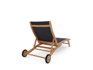 Perrin Teak Outdoor Reclining Chaise Lounger in Black with Rear Wheels Lounger