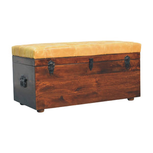 Walnut Storage Trunk Bench with Tan Leather Bench