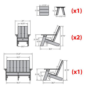 2 Barcelona Modern Adirondack Chair, 1 Barcelona Double Wide Modern Adirondack Chair, and 1 Barcelona Modern Side Table Conversation Set