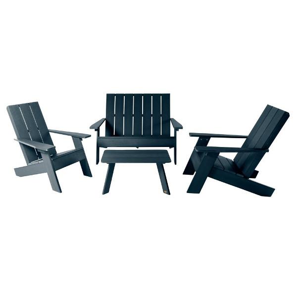 2 Barcelona Modern Adirondack Chairs, with 1 Barcelona Double Wide Modern Adirondack Chair &amp; 1 Conversation Table Conversation Set Federal Blue