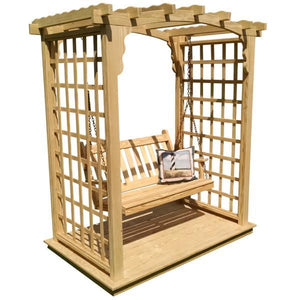 A & L Furniture Yellow Pine Cambridge Arbor with Deck & Swing Porch Swings 5ft / Unfinished