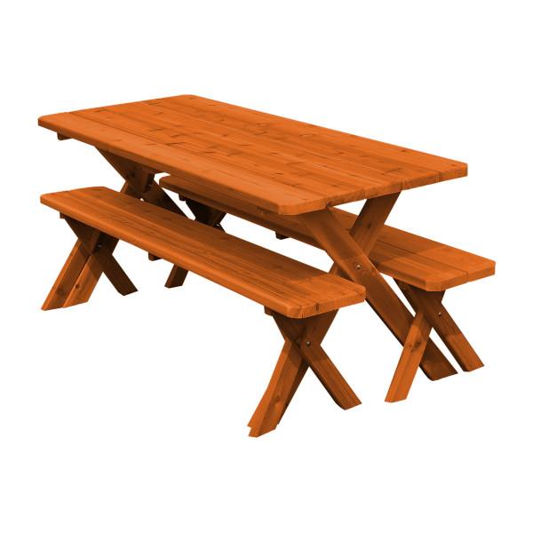 Western Red Cedar Crossleg Picnic Table with Two Benches Picnic Table 6ft / Redwood Stain / Without Umbrella Hole
