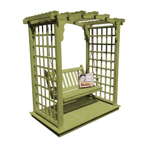 Yellow Pine Cambridge Arbor with Deck & Swing Porch Swing 5ft / Linden Leaf Stain