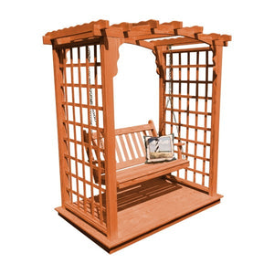 Yellow Pine Cambridge Arbor with Deck & Swing Porch Swing 5ft / Redwood Stain