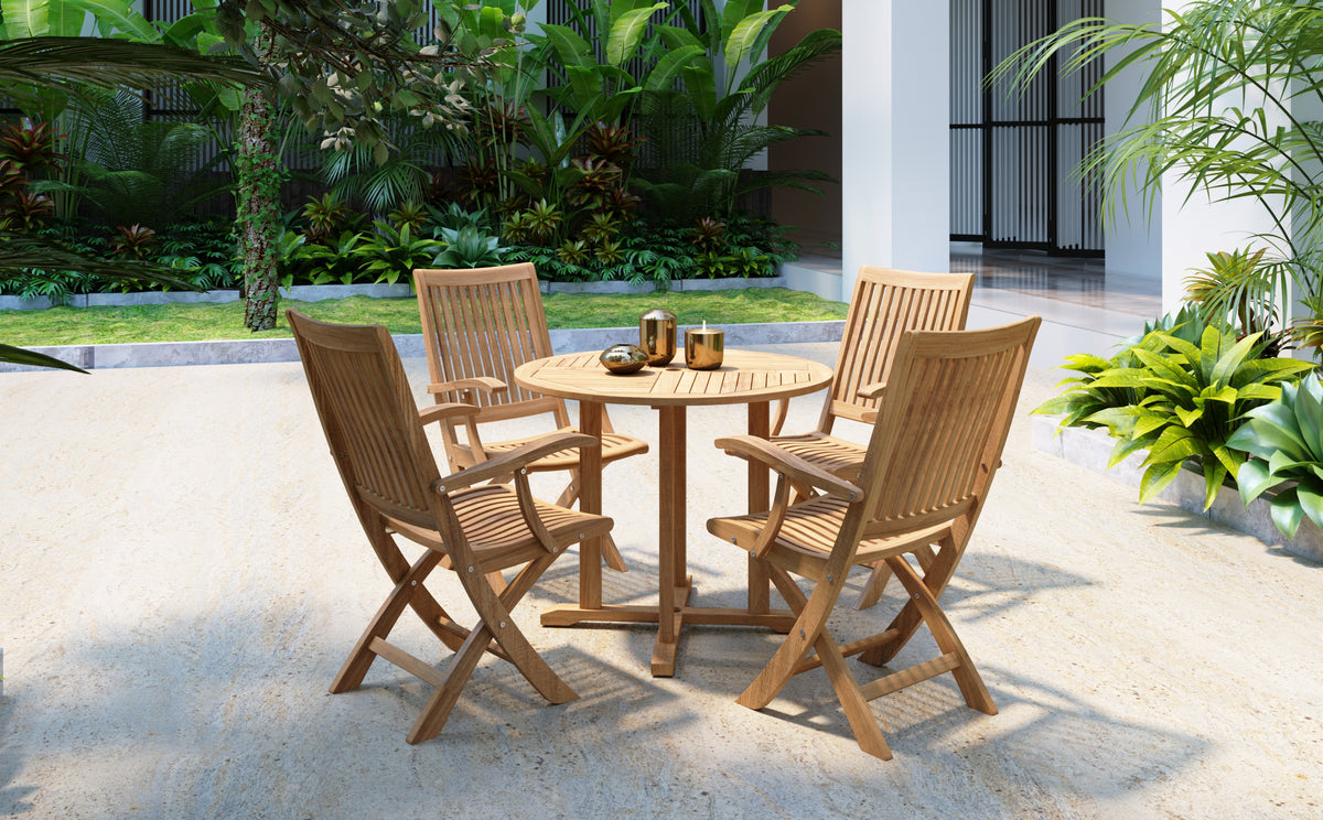 Abel 5-Piece Round Teak Outdoor Dining Set with Folding Armchair