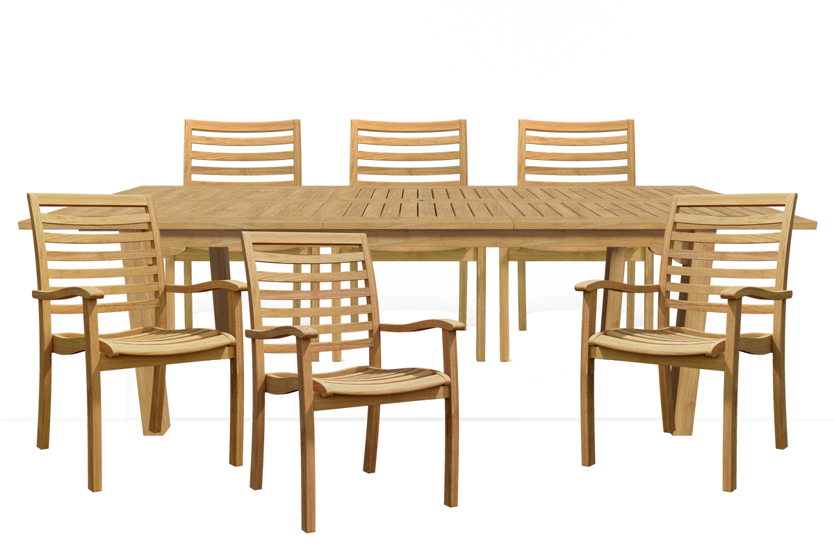 Clarisse 7-Piece Rectangular Teak Outdoor Dining Set with Extendable Table and Stacking Armchairs