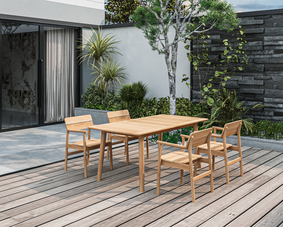 Riva 5-Piece Rectangular Teak Outdoor Dining Set with Stacking Armchairs