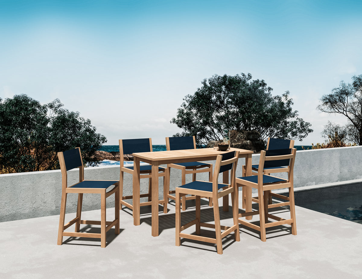 Marais 7-Piece Rectangular Teak Outdoor Counter Height Dining Set in Blue