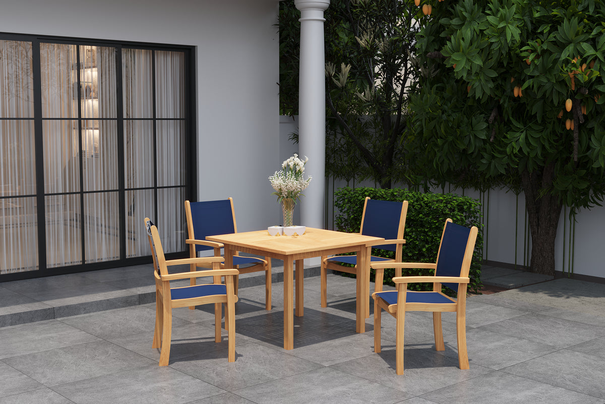 Perrin 5-Piece Square Teak Outdoor Dining Set in Blue with Stacking Armchairs