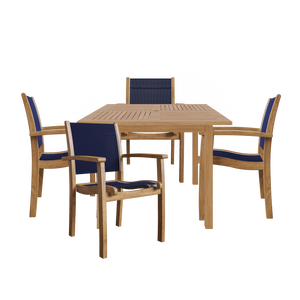 Perrin 5-Piece Square Teak Outdoor Dining Set in Blue with Stacking Armchairs