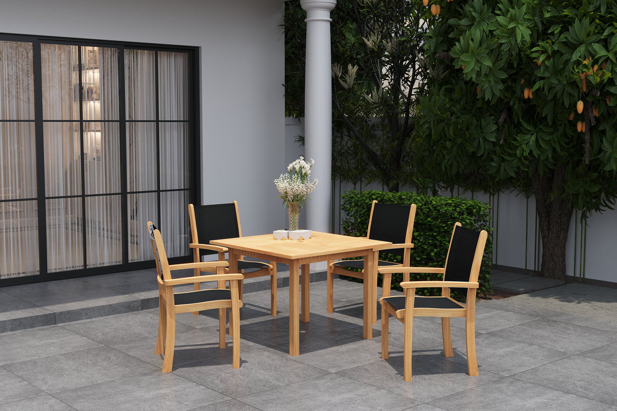 Perrin 5-Piece Square Teak Outdoor Dining Set in Black with Stacking Armchairs