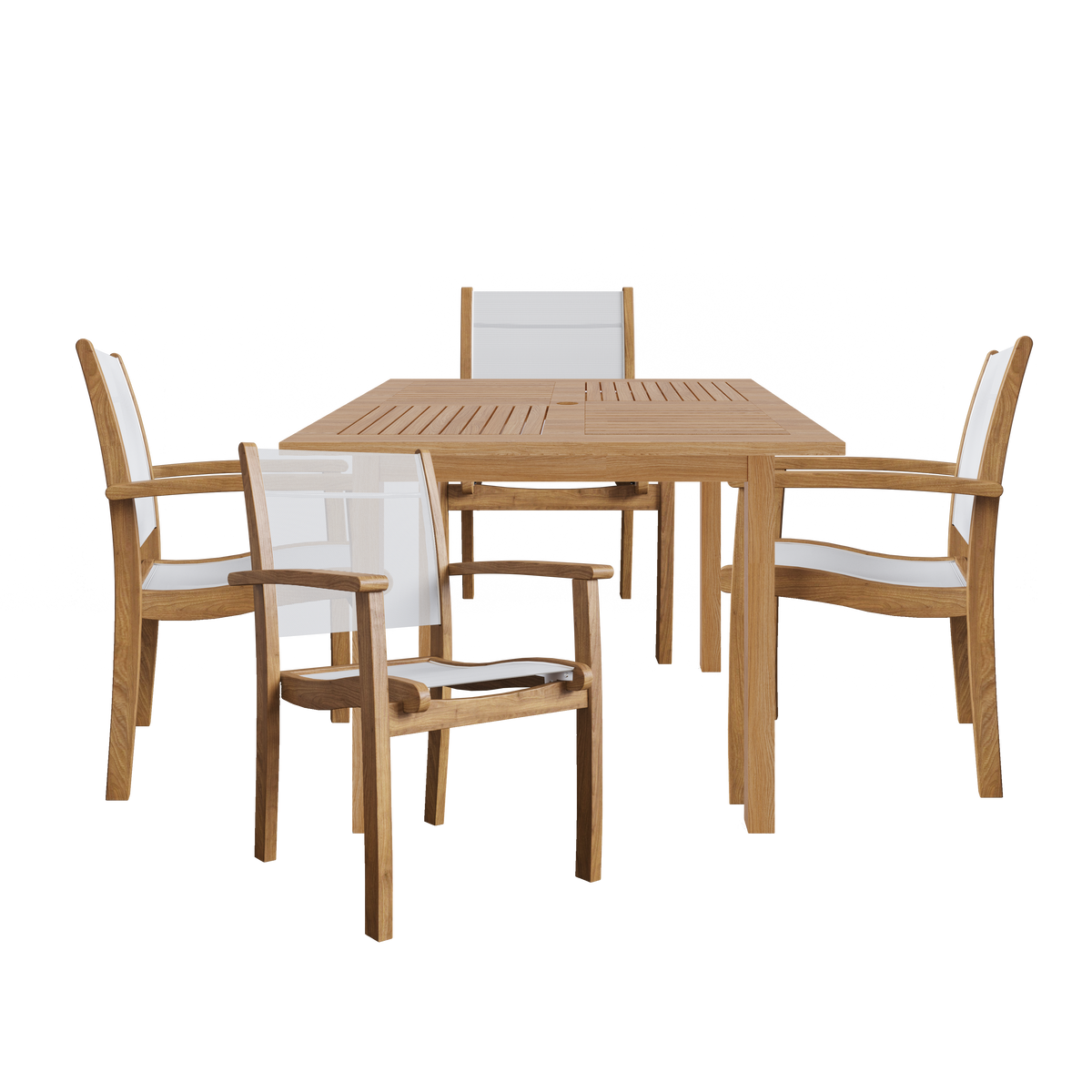 Perrin 5-Piece Square Teak Outdoor Dining Set in White with Stacking Armchairs