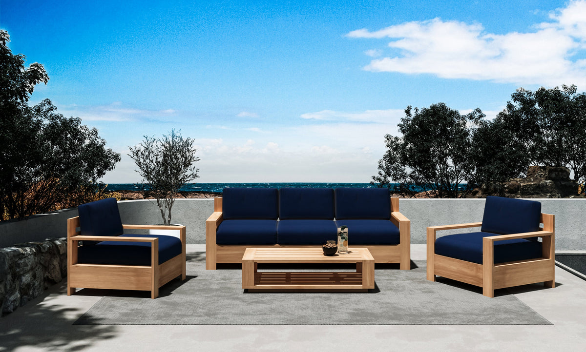 Lothair 4-Piece Teak Outdoor Patio Deep Seating Set with Sunbrella Navy Cushions