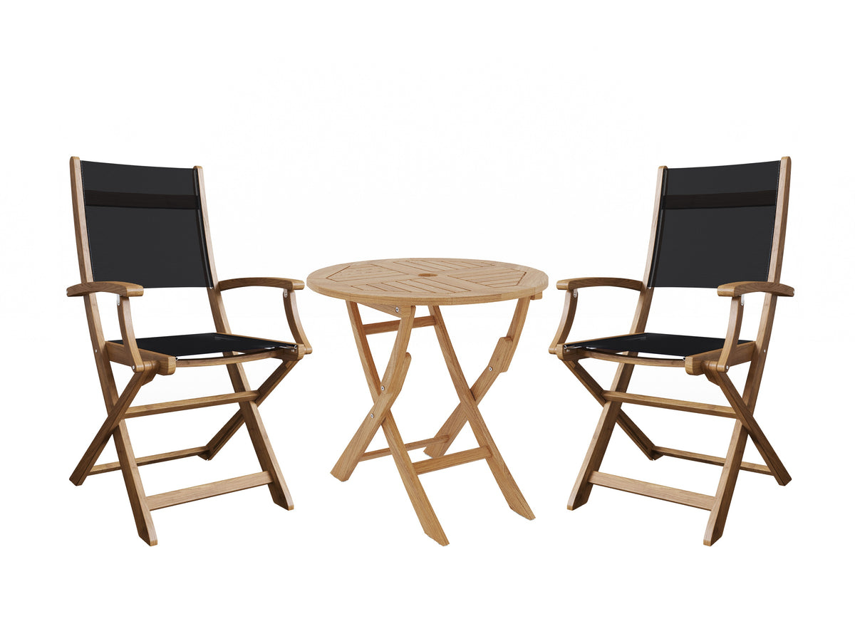 Lucas 3-Piece Round Teak Outdoor Bistro Set in Blue with Folding Table and Armchairs