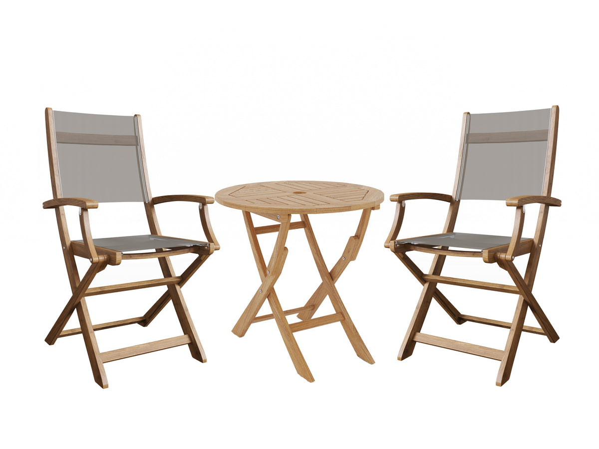 Lucas 3-Piece Round Teak Outdoor Bistro Set in Taupe with Folding Table and Armchairs