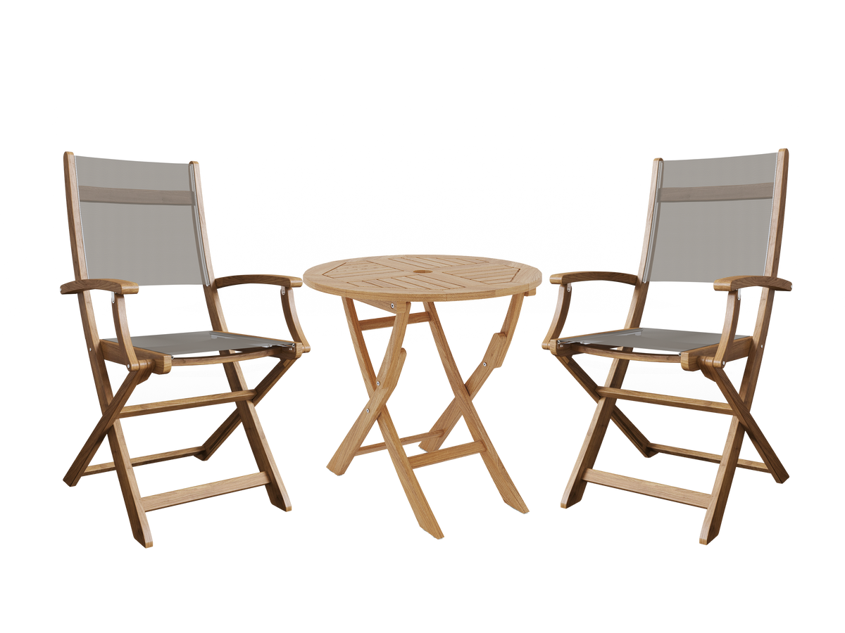Lucas 3-Piece Round Teak Outdoor Bistro Set in Taupe with Folding Table and Armchairs
