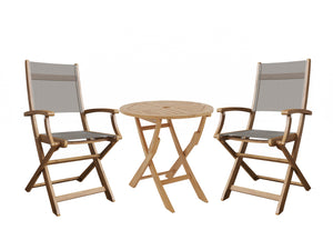 Lucas 3-Piece Round Teak Outdoor Bistro Set in Taupe with Folding Table and Armchairs