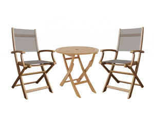 Lucas 3-Piece Round Teak Outdoor Bistro Set in Taupe with Folding Table and Armchairs