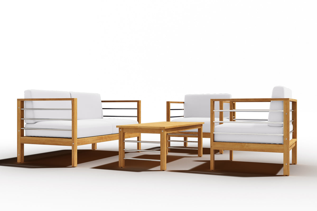 Leon 4-Piece Teak Outdoor Patio Deep Seating Set with Sunbrella White Cushions