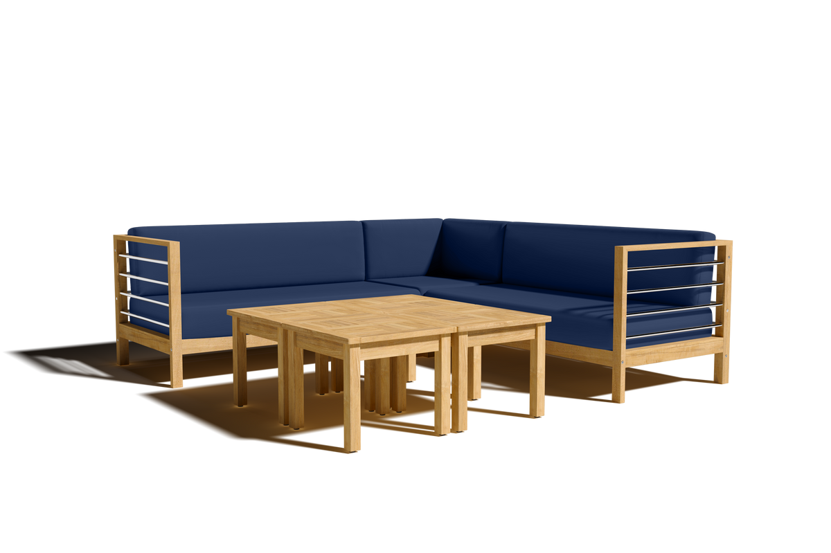 Leon 7-piece Teak Outdoor Sectional Deep Seating Set with Sunbrella Navy Cushions