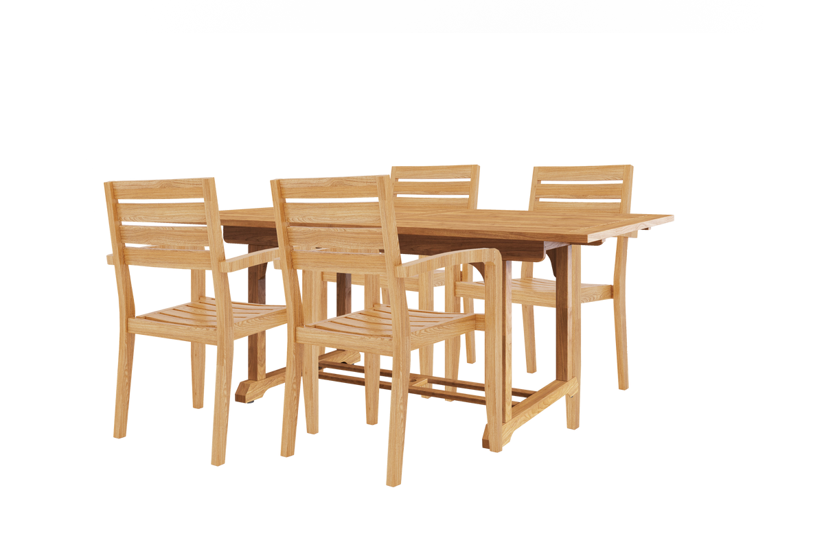 Louvel 5-Piece Rectangular Teak Outdoor Dining Set with Extendable Table and Stacking Armchairs