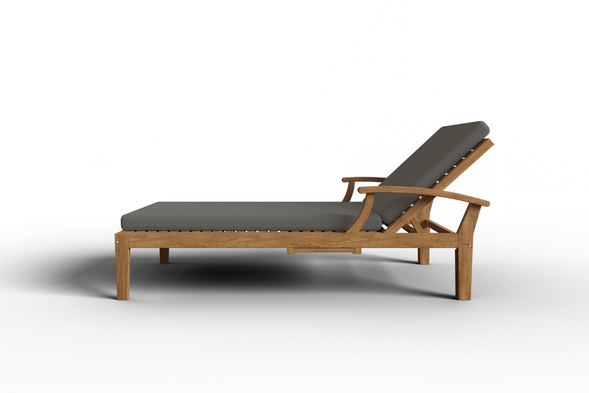 Delaine Teak Outdoor Reclining Sun Lounger with Sunbrella Charcoal Cushion and Slide-out Tray