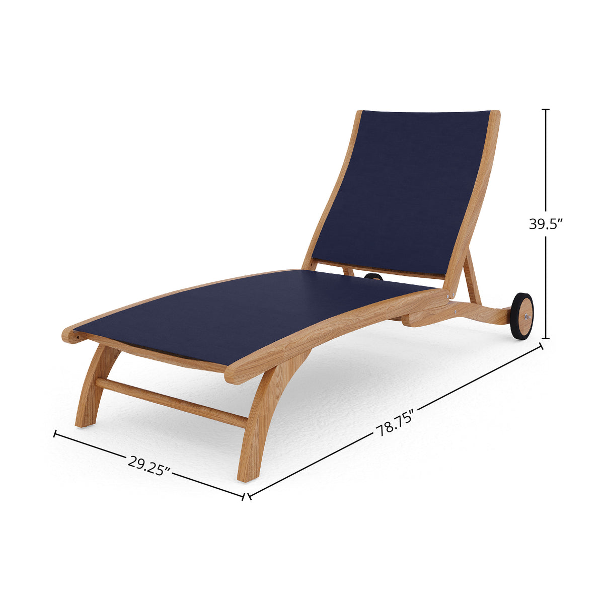 Perrin Teak Outdoor Reclining Chaise Lounger in Blue with Rear Wheels