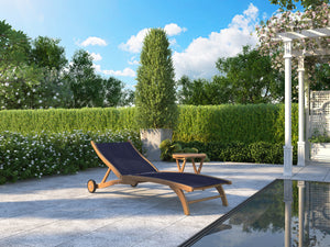 Perrin Teak Outdoor Reclining Chaise Lounger in Blue with Rear Wheels