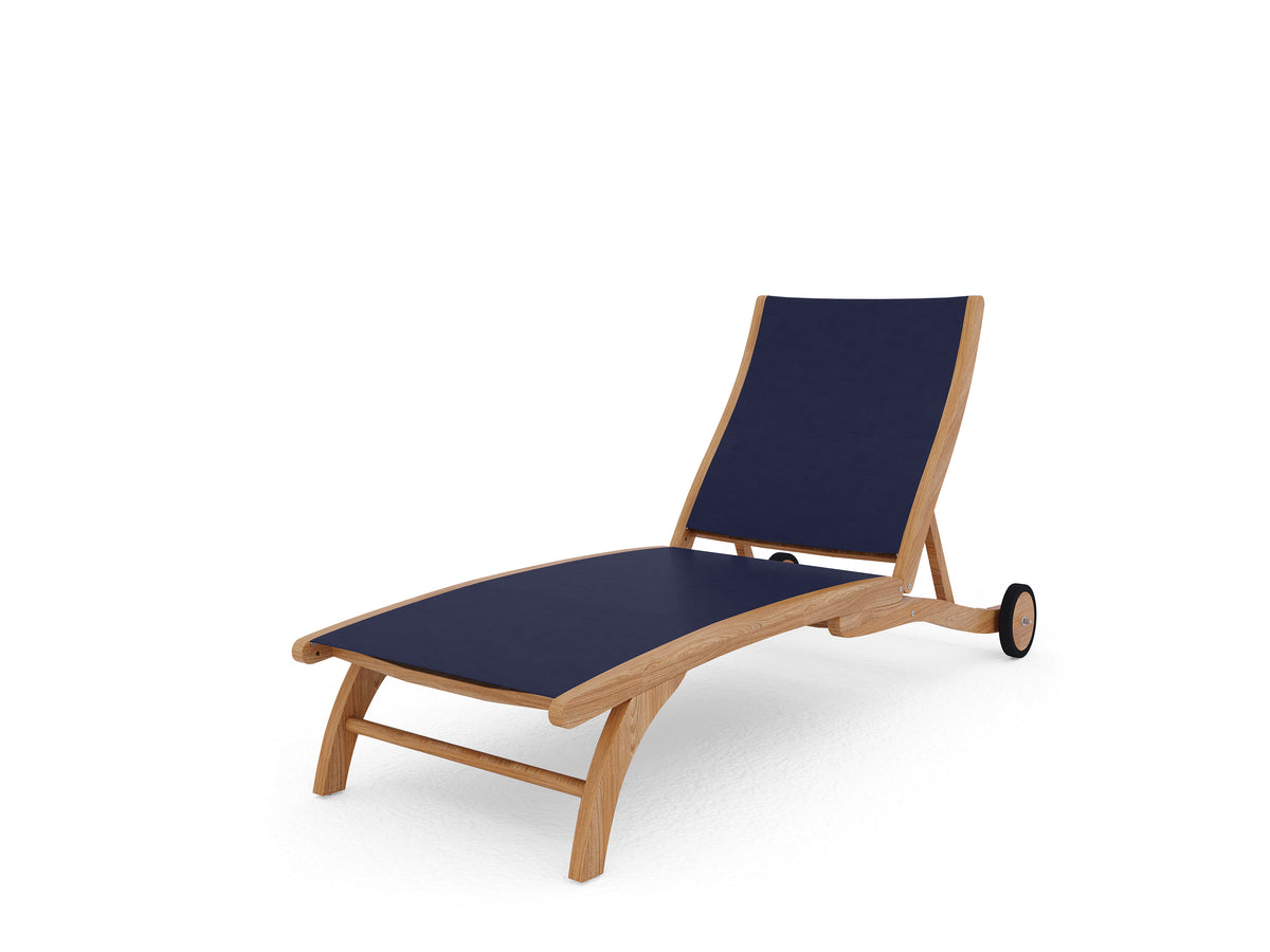 Perrin Teak Outdoor Reclining Chaise Lounger in Blue with Rear Wheels