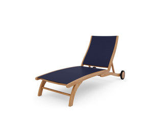 Perrin Teak Outdoor Reclining Chaise Lounger in Blue with Rear Wheels