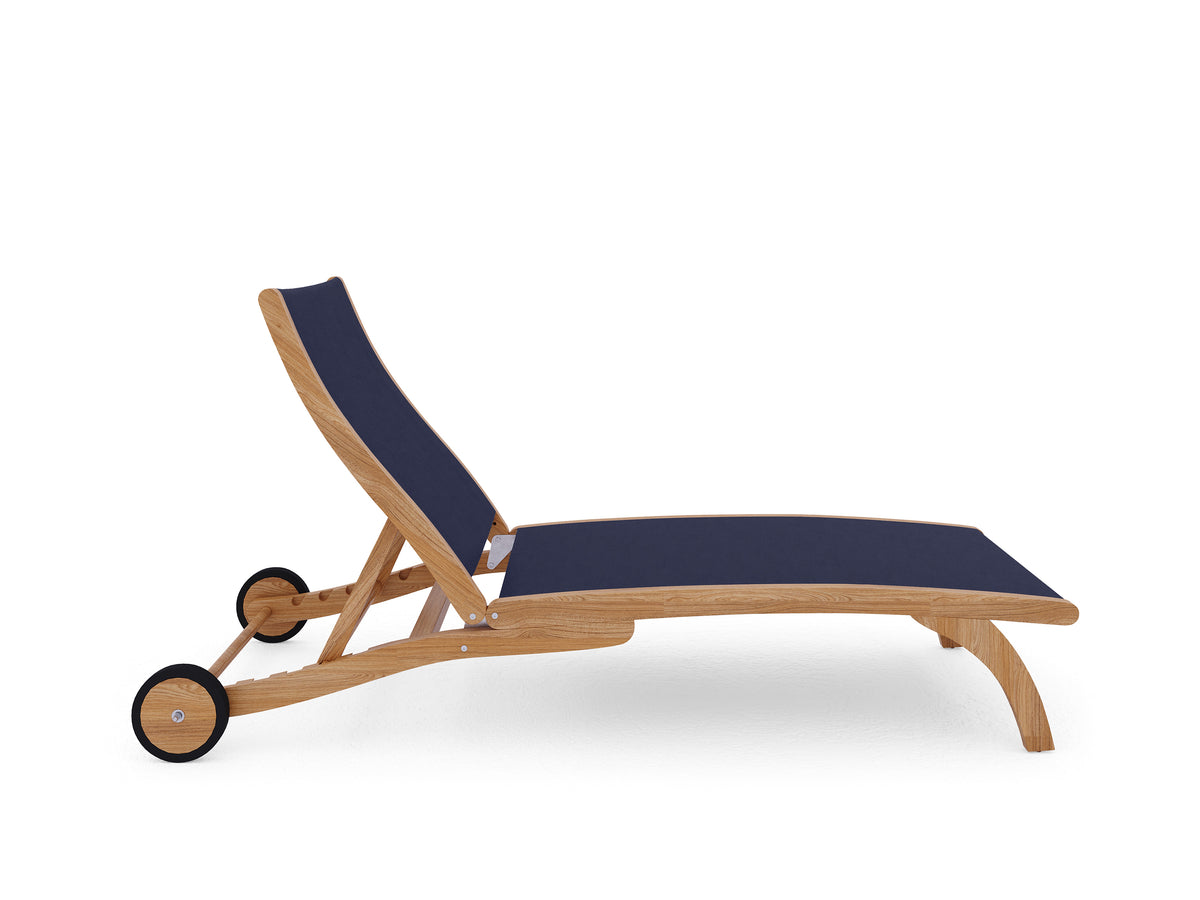 Perrin Teak Outdoor Reclining Chaise Lounger in Blue with Rear Wheels